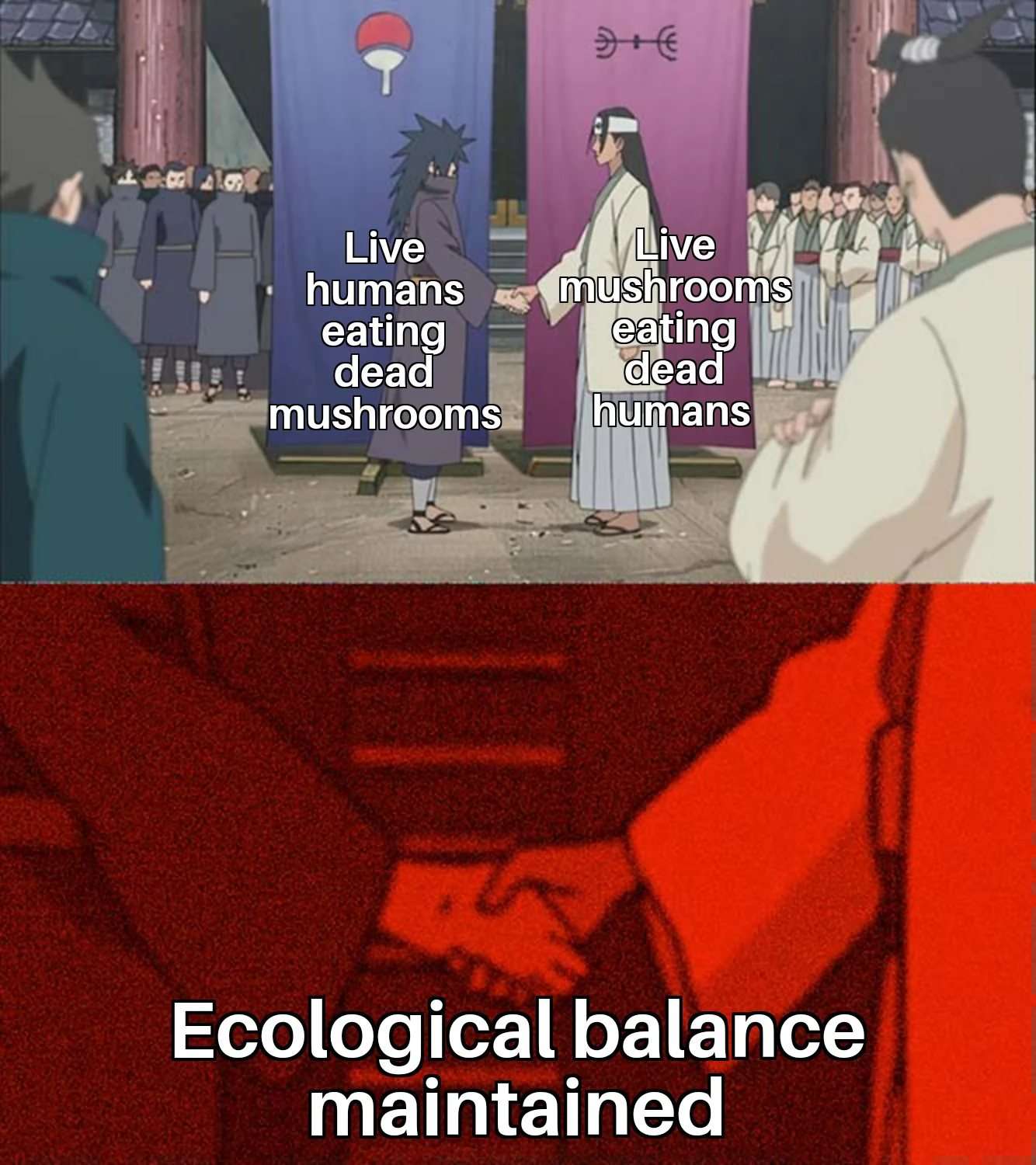 Uchiha madara and hashirama meme shaking hands to maintain ecological balance