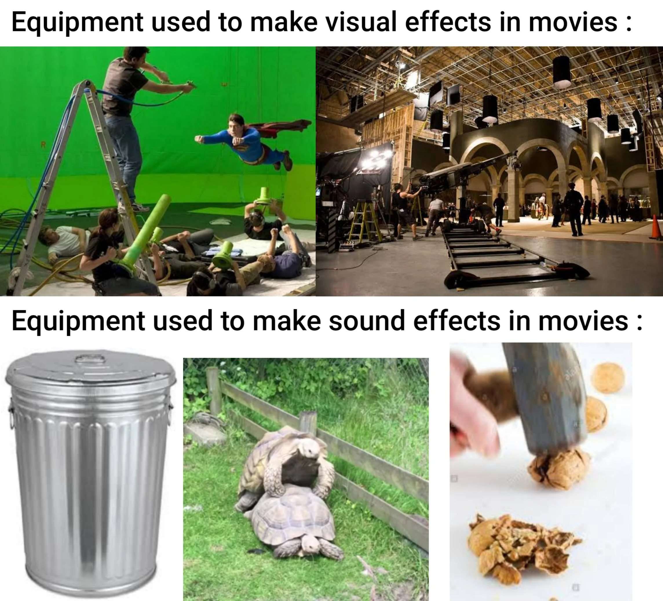 Movie production meme comparing professional vfx gear to silly everyday sound effect props