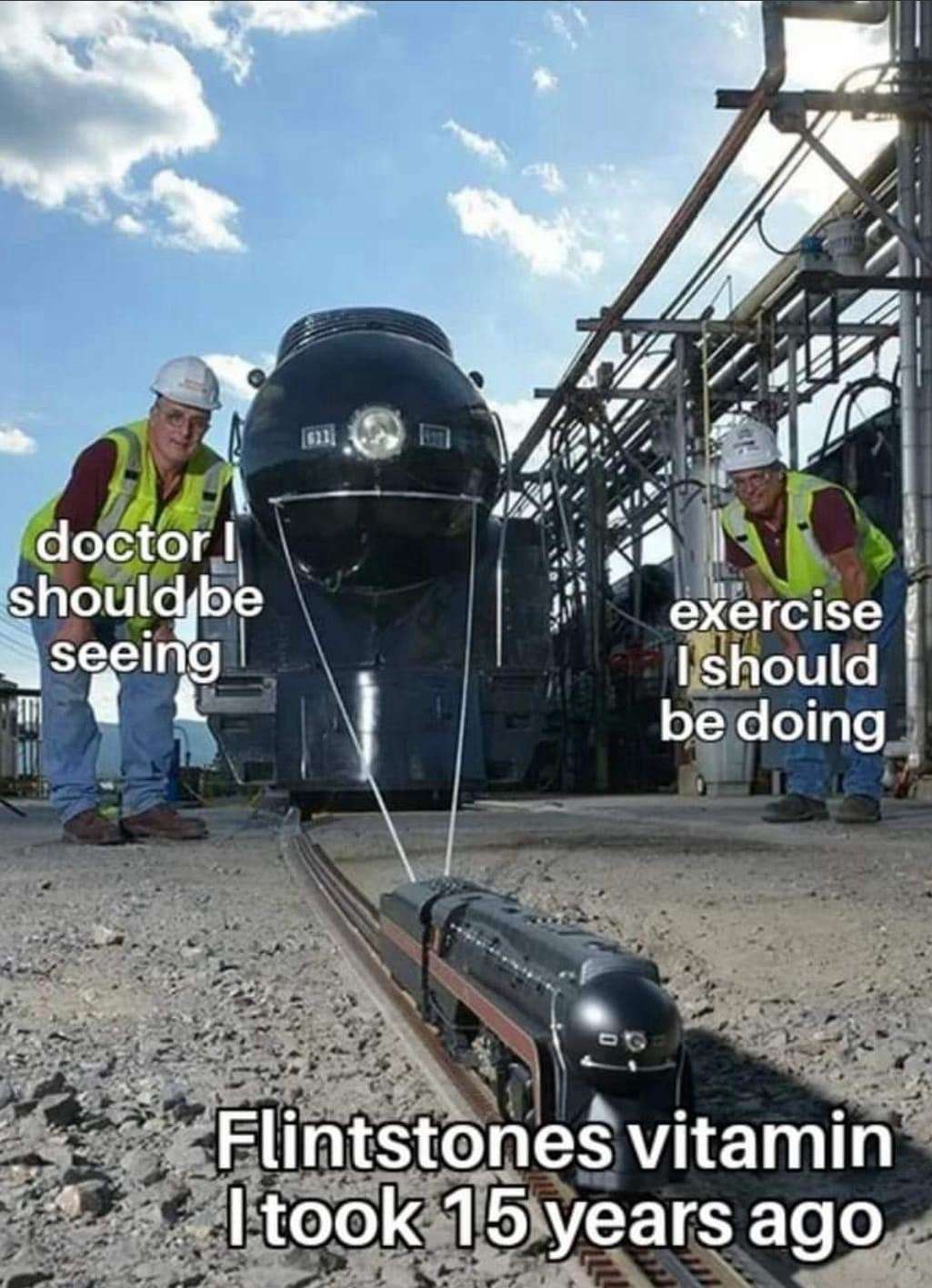 Train pulling meme about ignoring health needs and relying on old vitamins