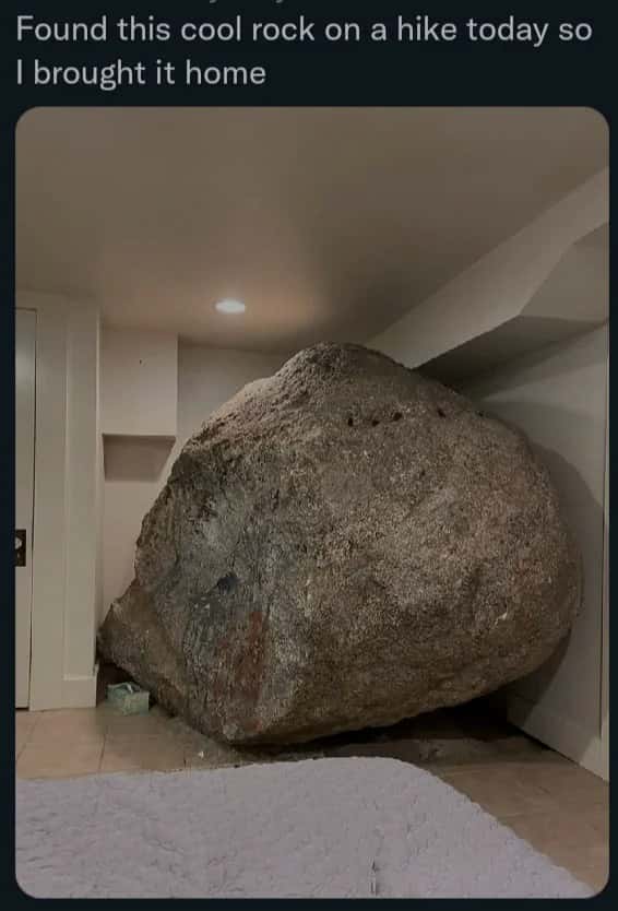 Hiker bringing home giant boulder meme about collecting rocks