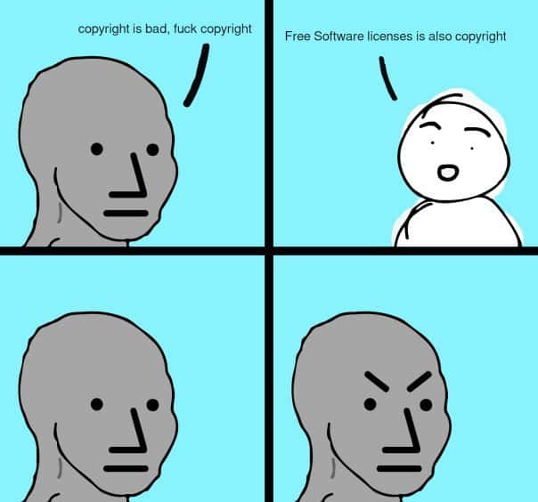 Wojak meme gets angry after learning free software licenses are also copyright