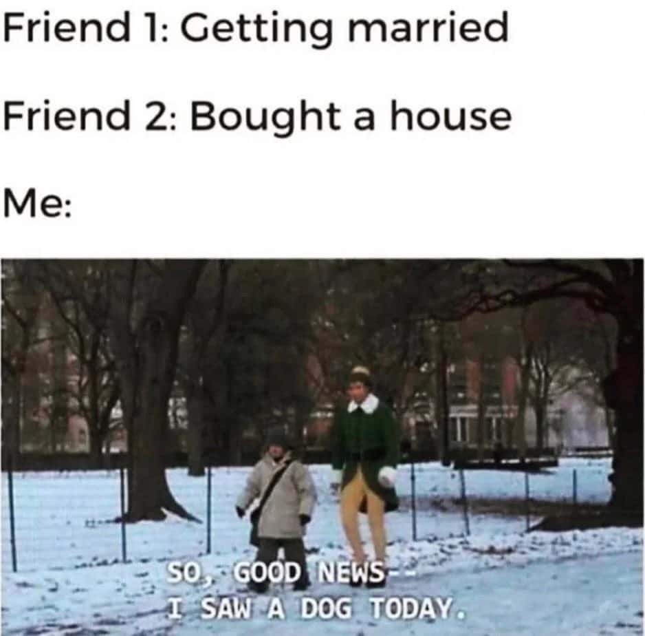 Buddy the elf meme saying he saw a dog while friends get married and buy a house