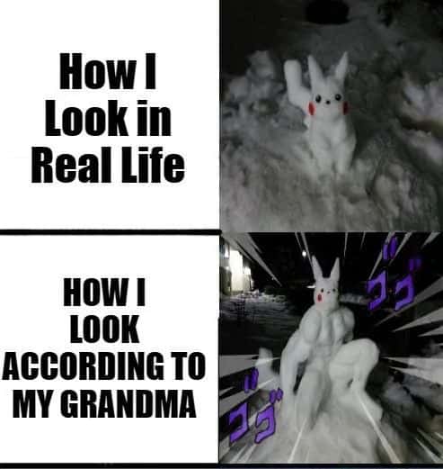 Snow Pikachu meme how I look according to my grandma