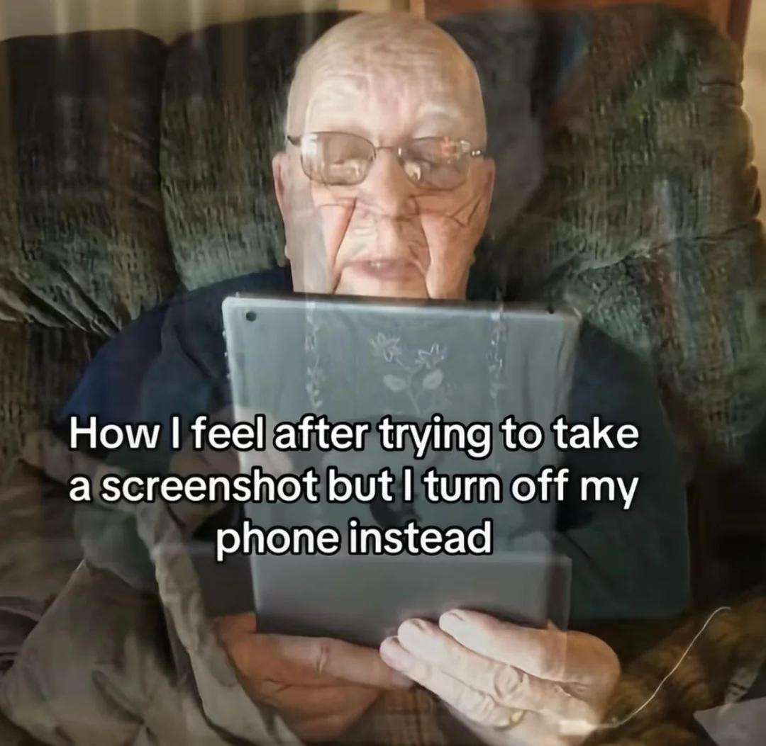 Elderly man meme turns off phone by mistake when trying to take a screenshot