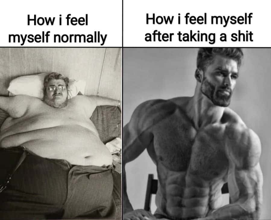 Gigachad meme showing different feeling normally and after taking a shit