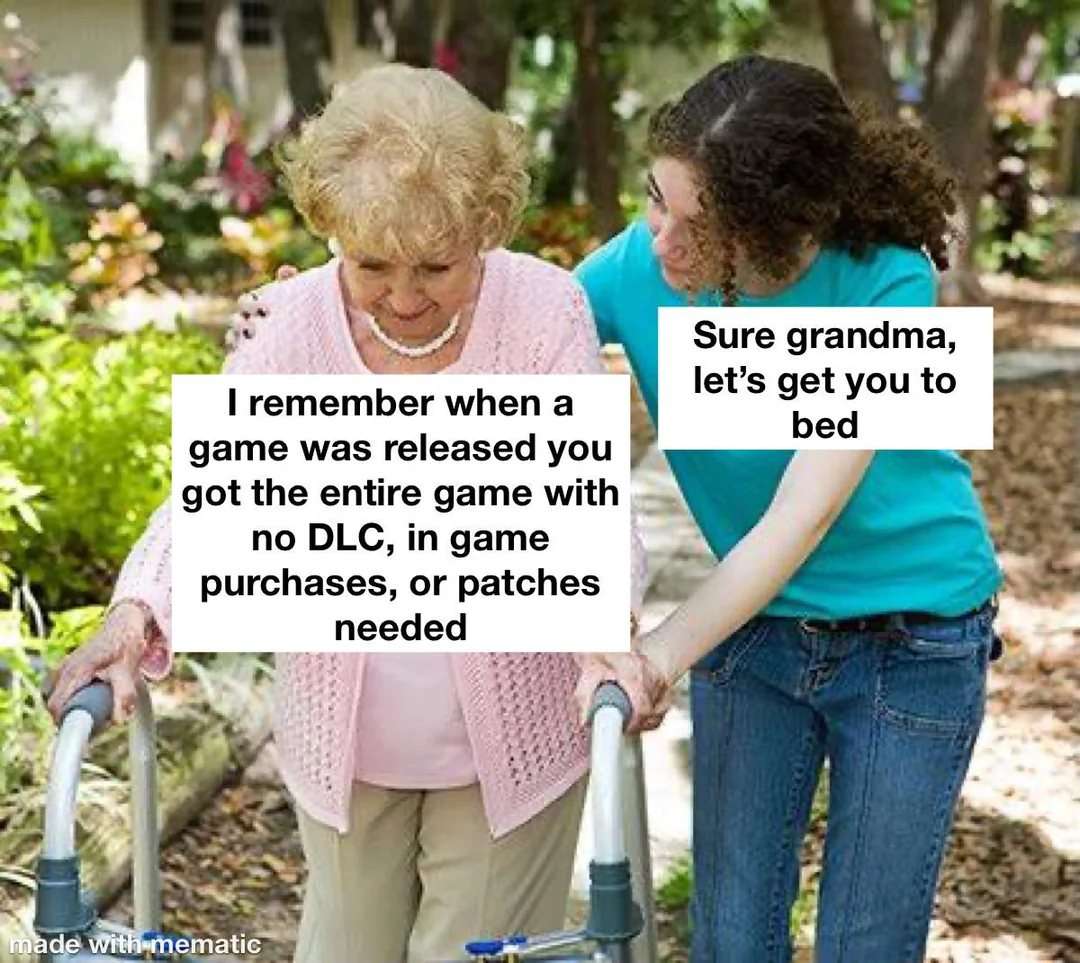Grandma vs modern games meme about dlc and in game purchases