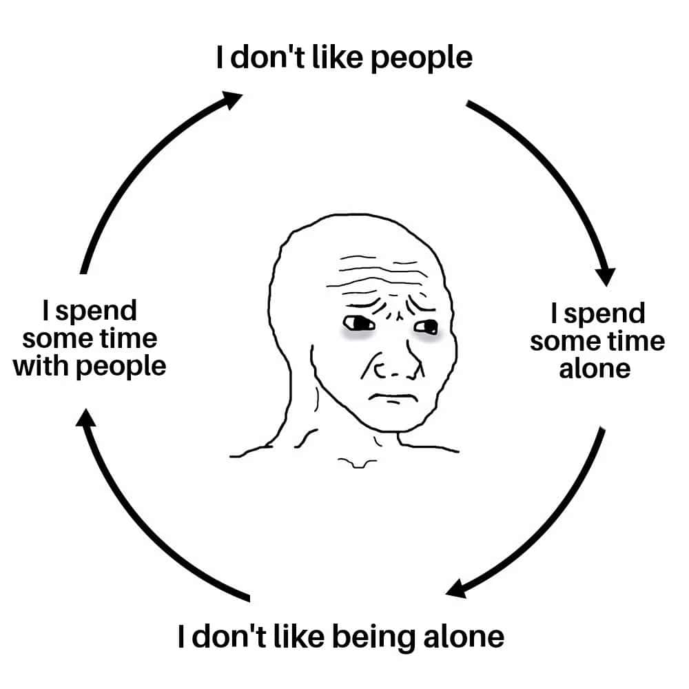 Wojak cycle meme hating people then hating being alone