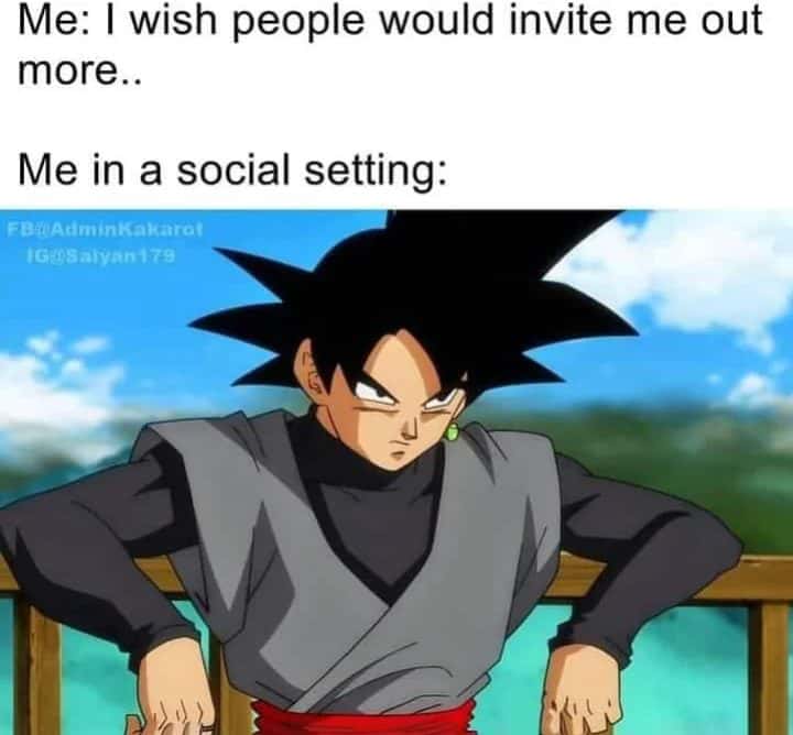 Goku black meme looking annoyed in social settings after wishing people invite him out