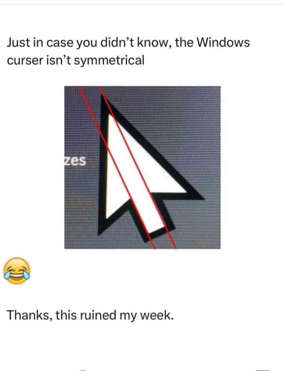 Windows cursor meme revealing it's not perfectly symmetrical
