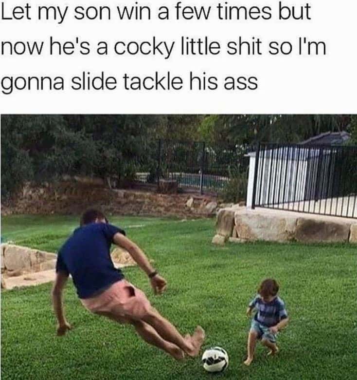 Dad slide tackling son meme after letting him win soccer