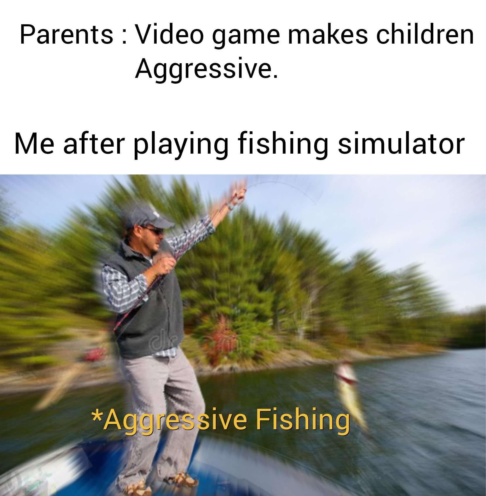 Fishing simulator meme doing aggressive fishing after parents say video games make children aggressive