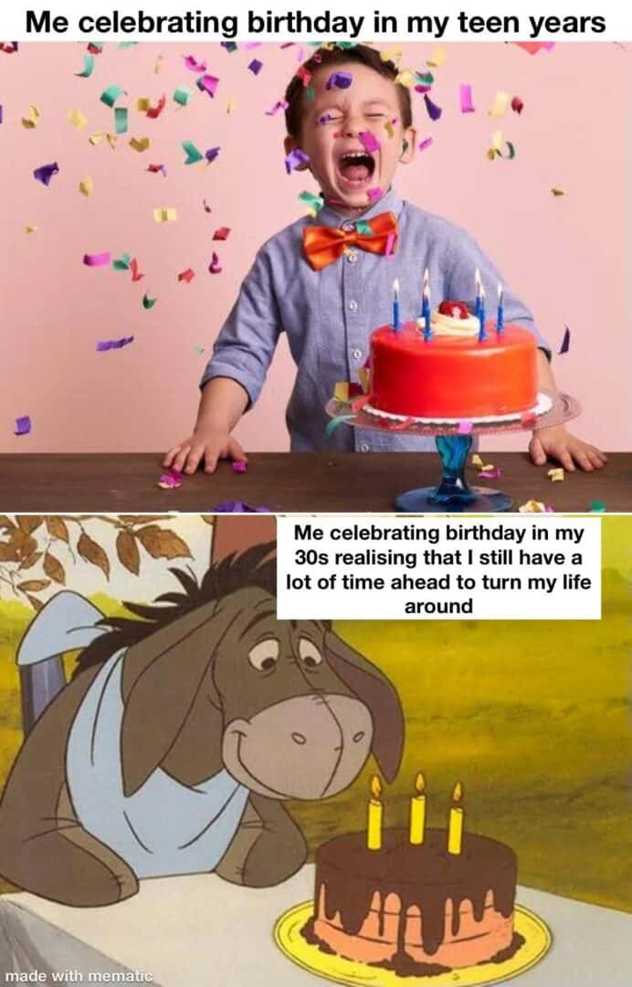 Eeyore meme celebrating 30s birthday realizing lots of time ahead to turn life around