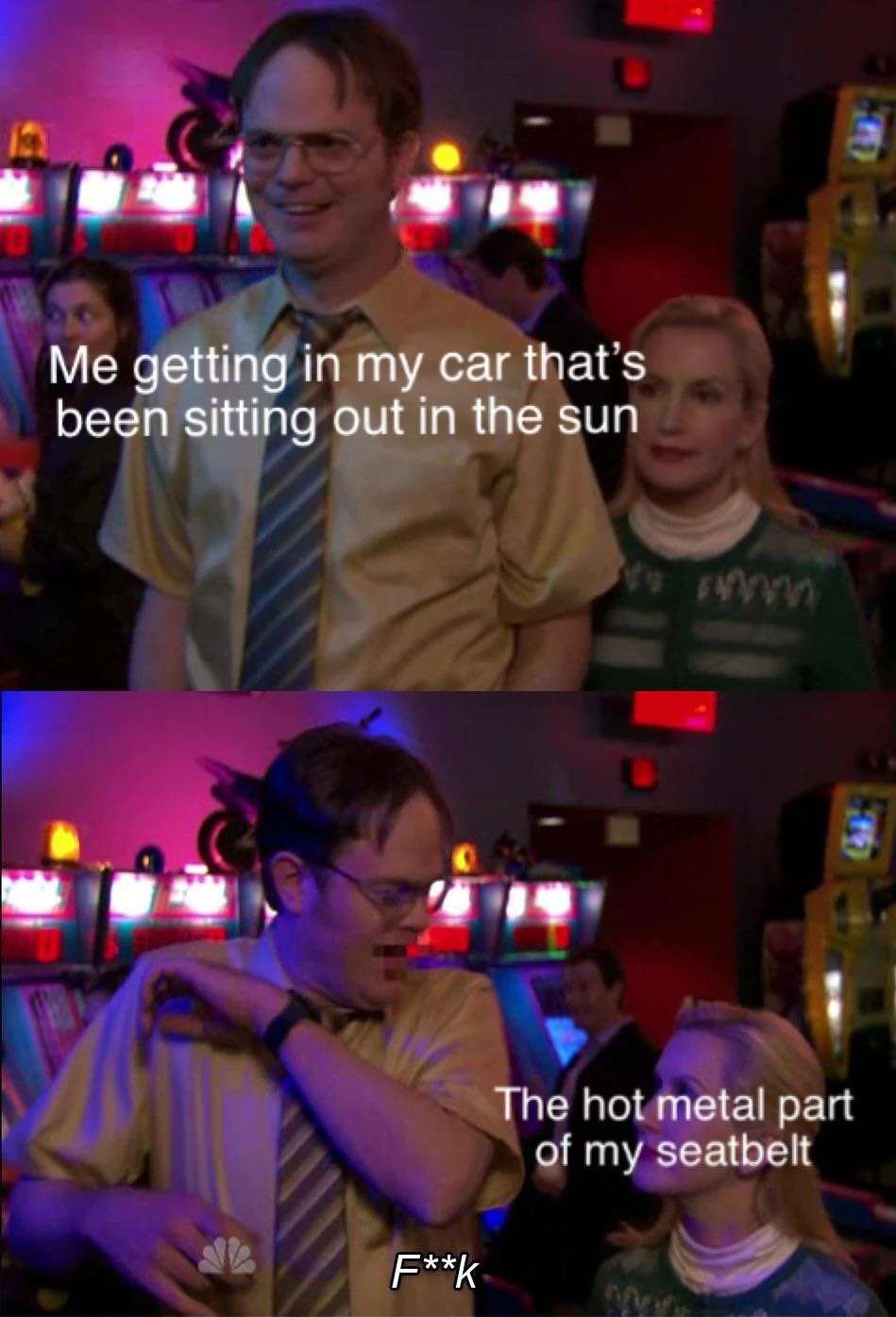 The office Dwight meme about hot seatbelt in a sunbaked car