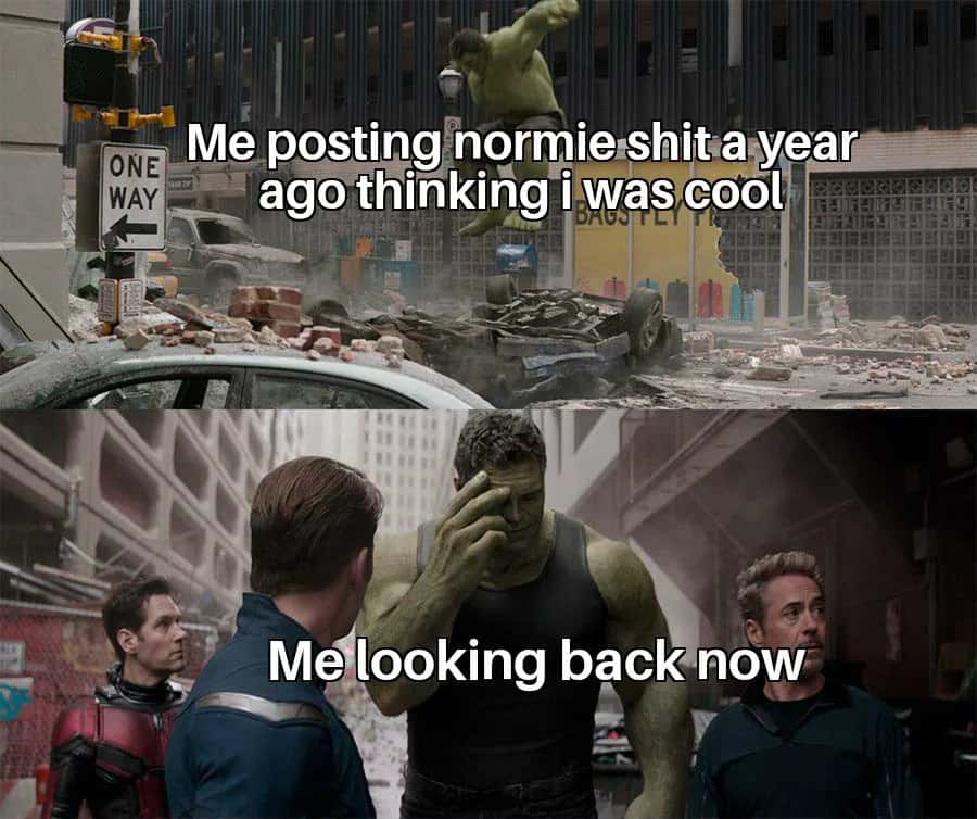 Hulk meme facepalming when looking back at his old normie posts from a year ago
