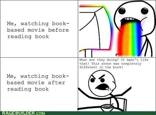 Stick figure meme reacting to book based movie differently before and after reading the book