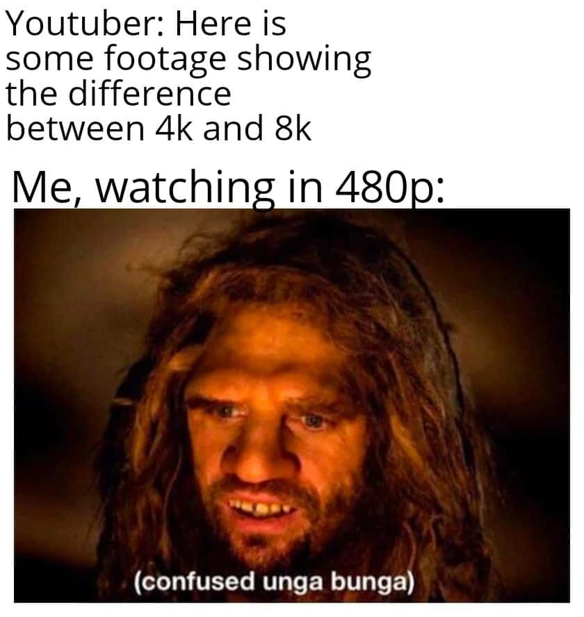 Caveman confused meme watching 4k vs 8k video in 480p