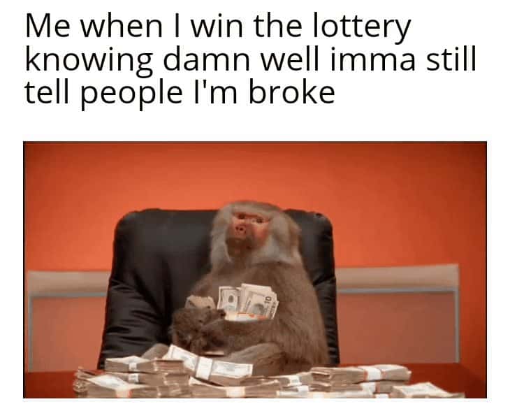 Baboon meme holding piles of cash after winning lottery still tells people he is broke