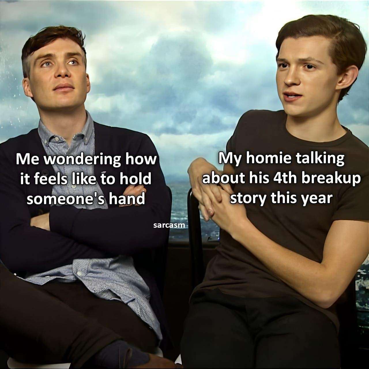 Tom Holland and Cillian Murphy meme about relationship status contrast