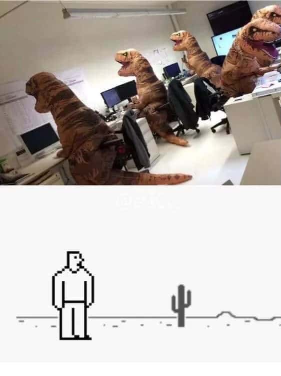 Dinosaur meme in office when boss comes over