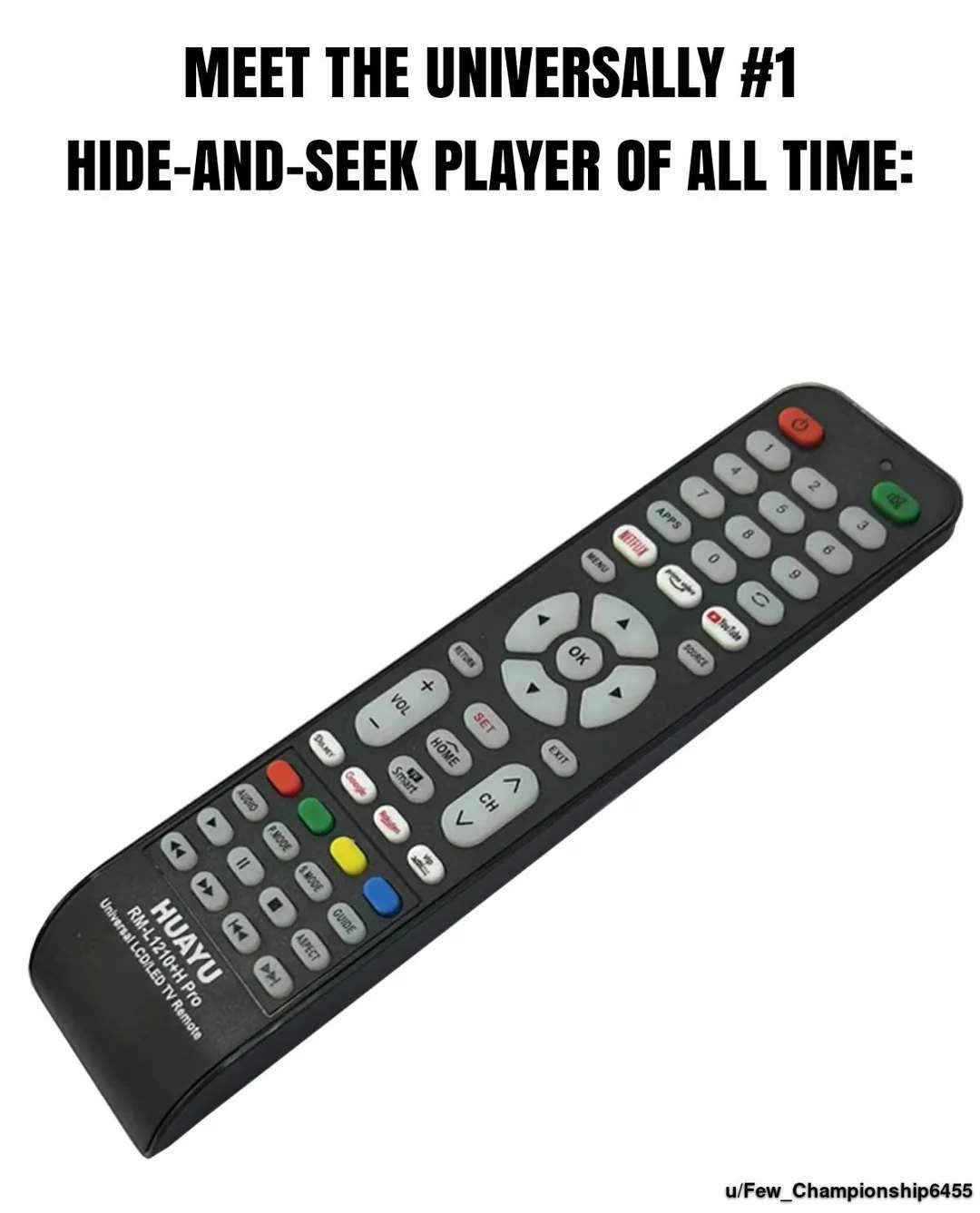 Tv remote control meme recognized as the universally #1 hide-and-seek player of all time