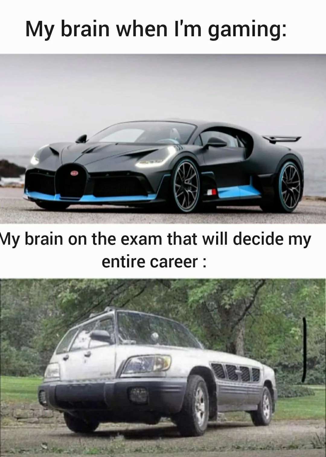 Brain speed meme comparing gaming vs exam performance