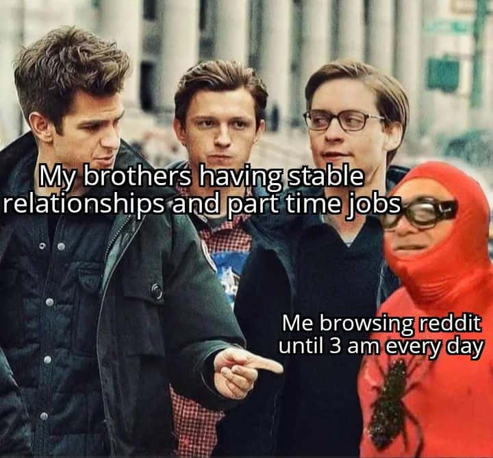 Spiderman meme browsing Reddit until 3 am daily