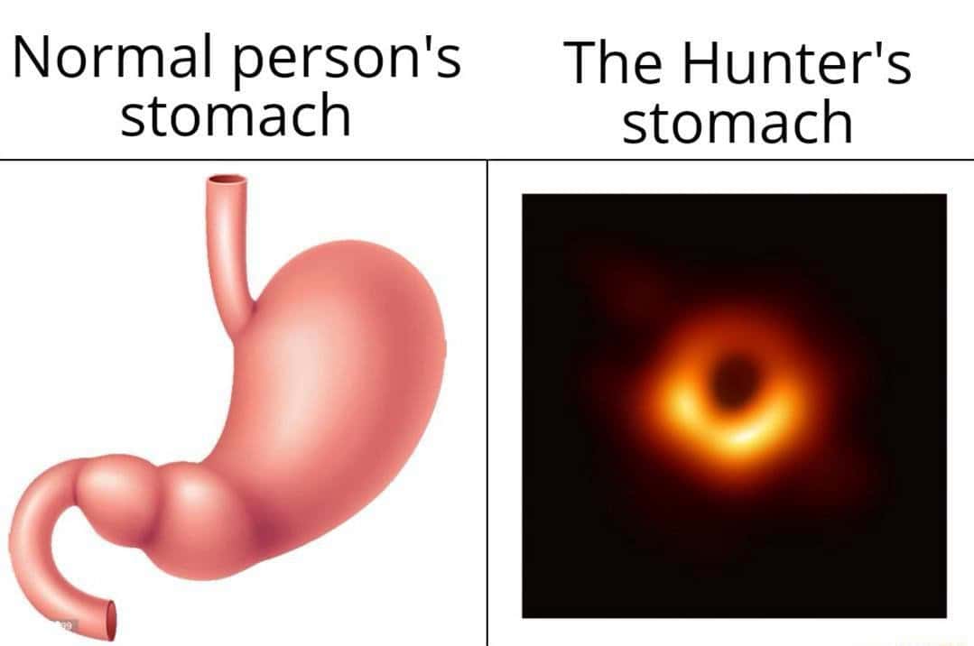 Hunter's stomach meme compared to normal person's stomach as ravenous black hole