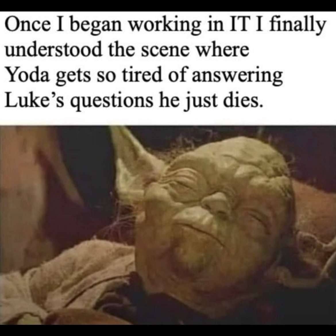 Yoda meme answering Luke questions in IT job
