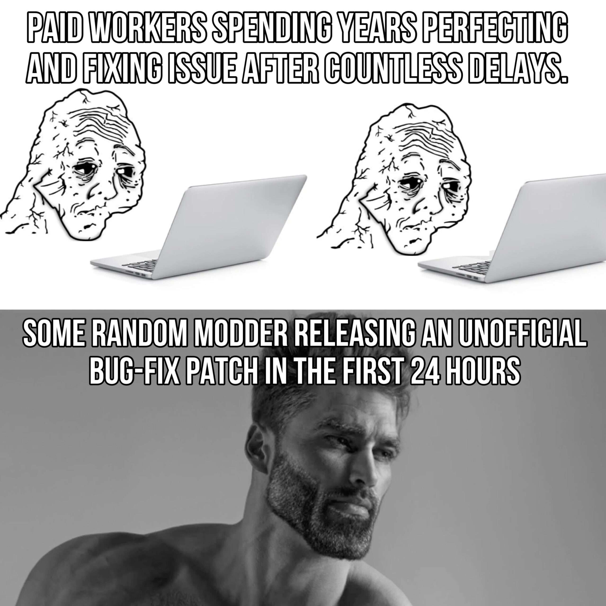 Soy vs chad meme about paid devs vs modders fixing bugs