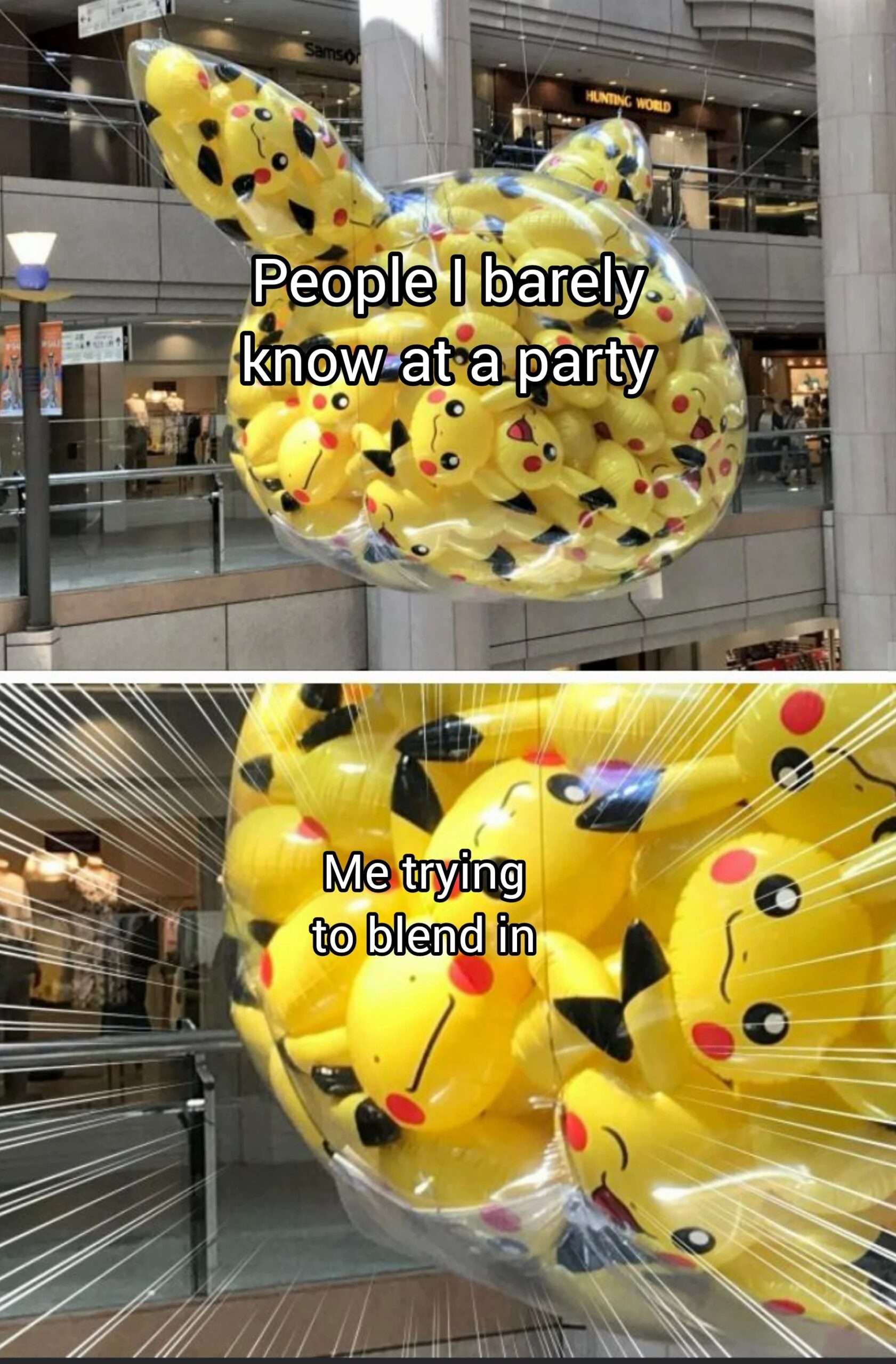 Pikachu balloon meme about blending in at parties awkwardly
