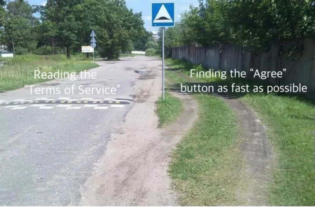 Road split meme finding Agree button over terms
