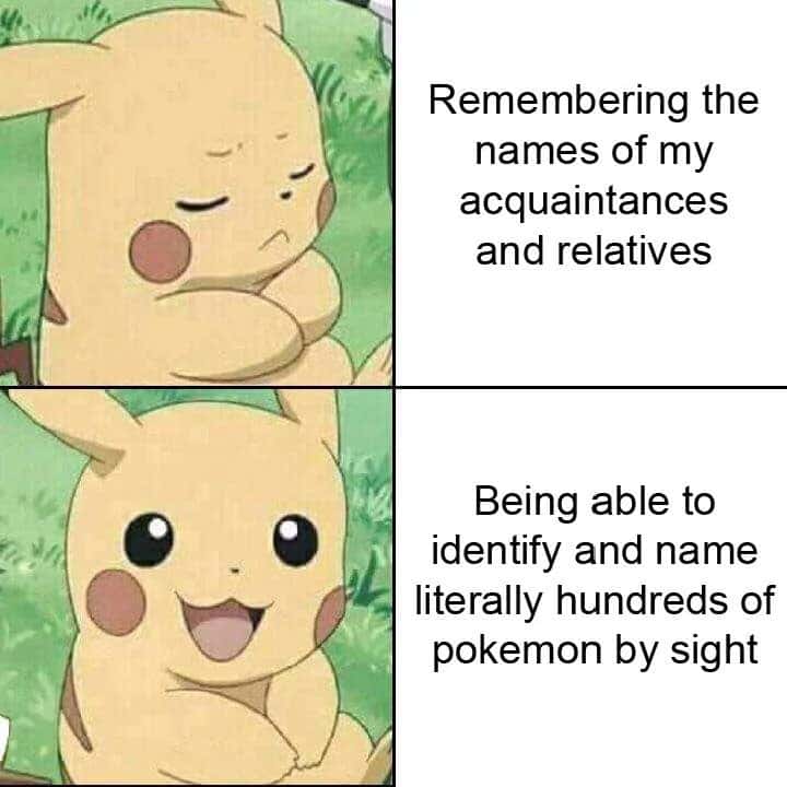 Pikachu meme struggling to remember acquaintances names but can name hundreds of pokemon by sight