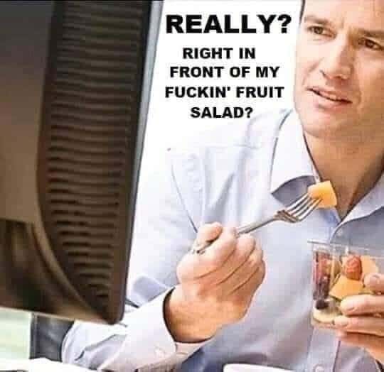 Annoyed office man meme shocked seeing absurd thing right in front of his fruit salad