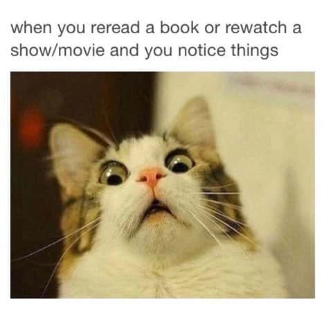 Scared cat meme shocked noticing new details when reread book or rewatch show movie