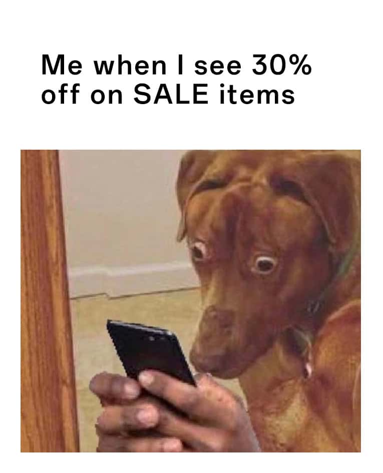 Scared dog meme reacting to 30% off sale items
