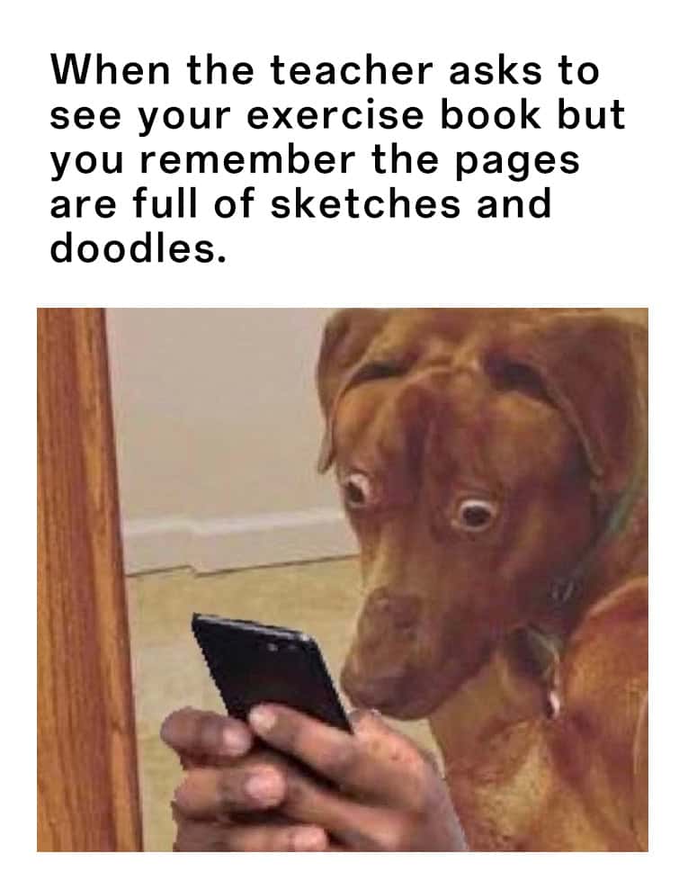 Scared dog meme panicking about doodles in exercise book