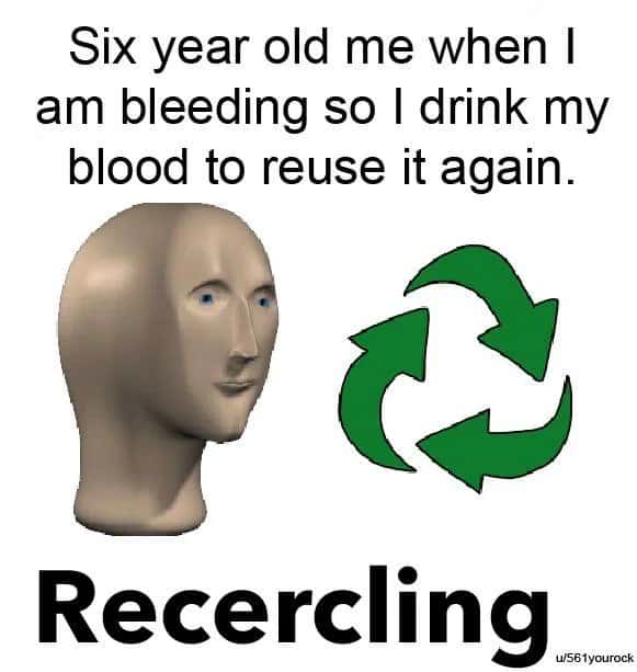 3D head meme drinking blood to recycle it at age six