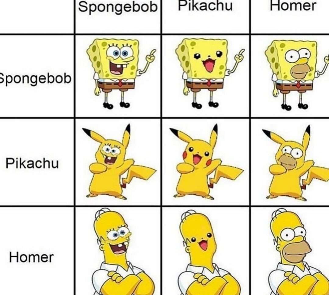 Spongebob Pikachu Homer meme showing funny cross character fusion grid