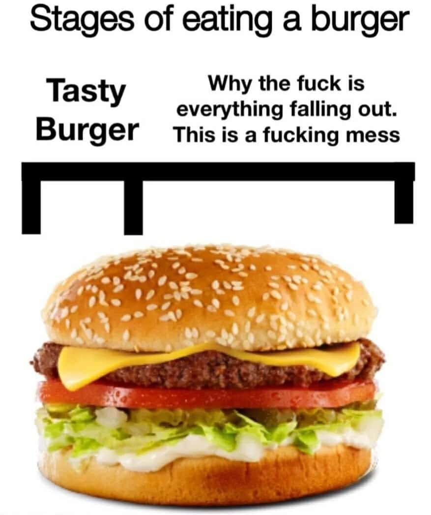 Burger meme showing stages of eating it with fillings falling out making a mess
