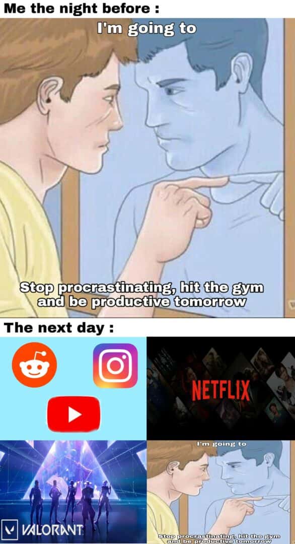 Procrastinating guy meme breaks his productivity plan wasting whole day on social media games and Netflix