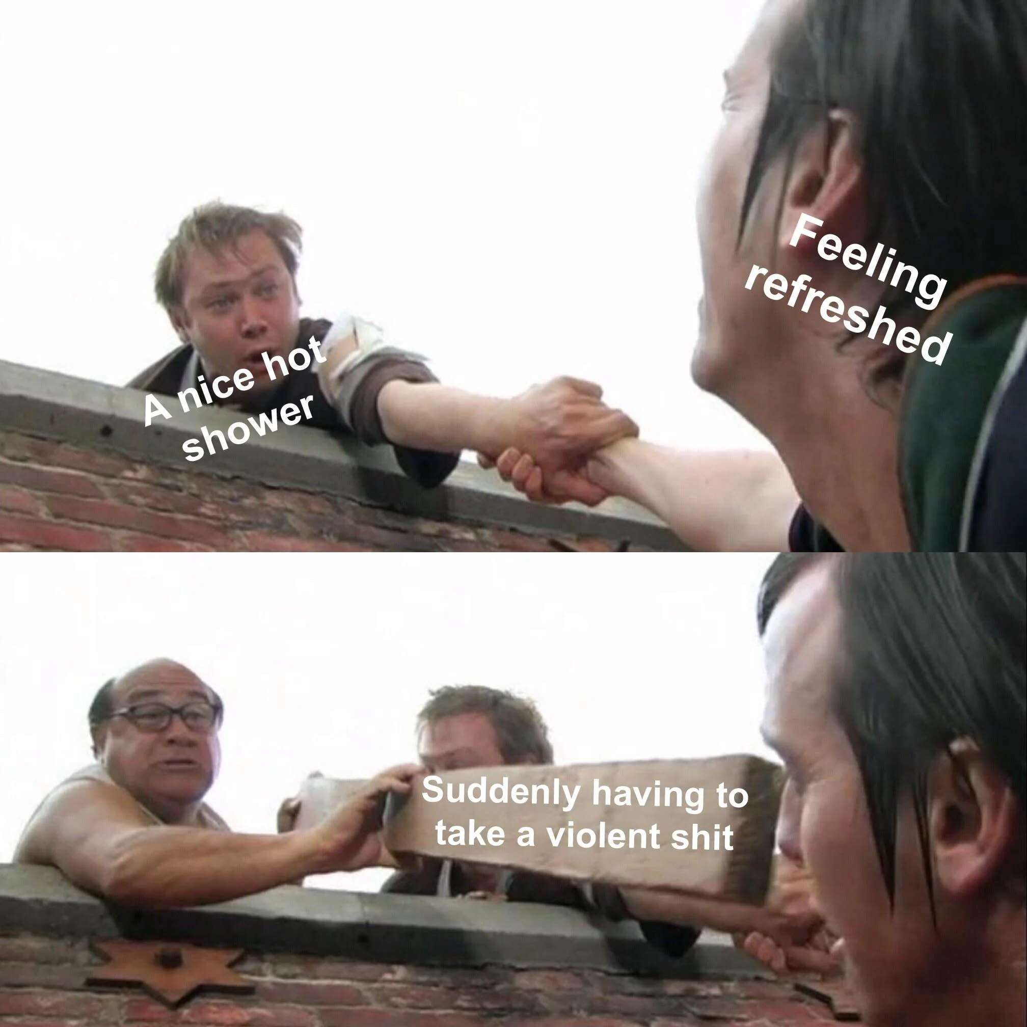 Man hanging off roof meme gets hit mid rescue after feeling refreshed from hot shower