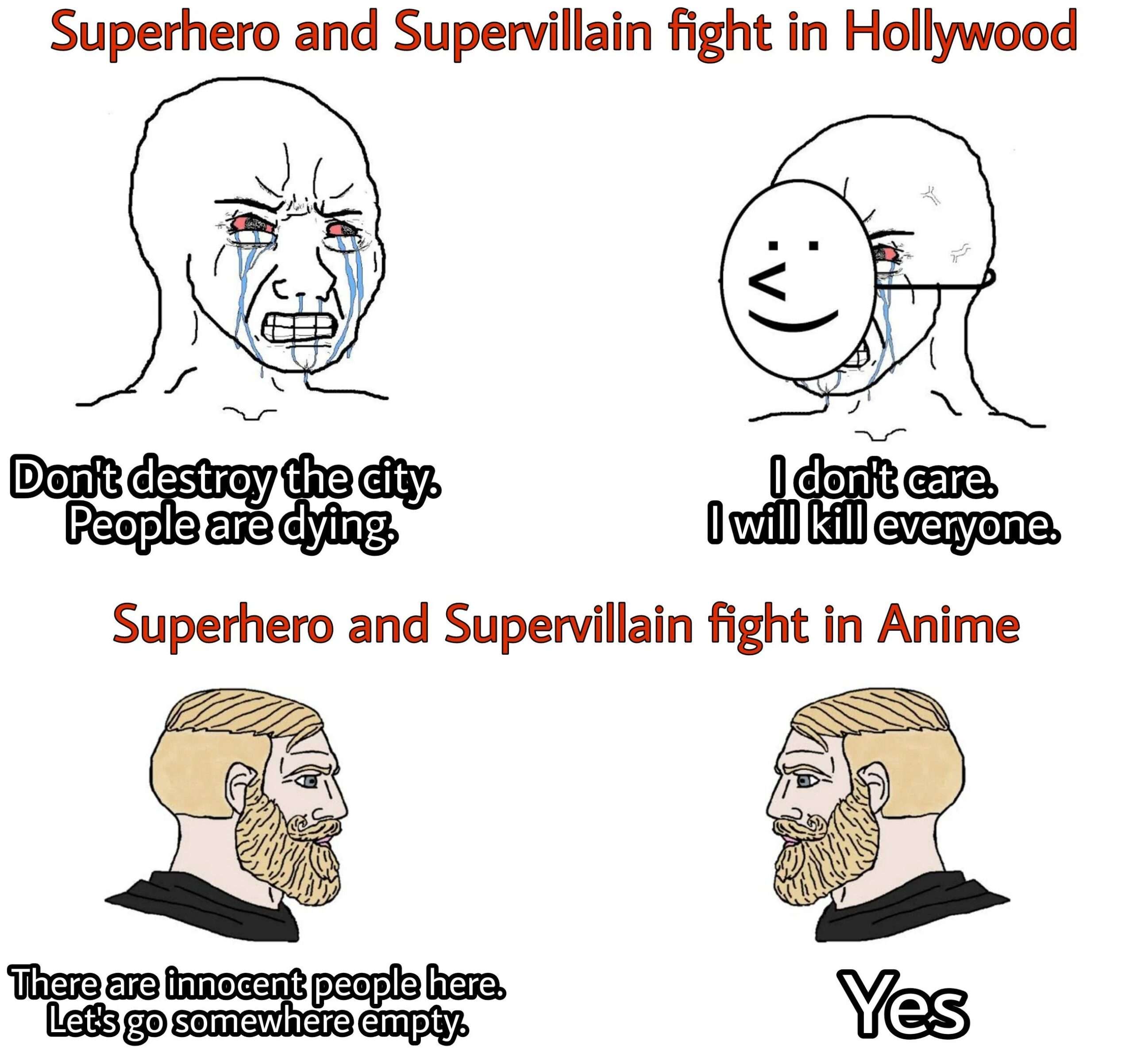 Hollywood vs anime superhero fight meme about civilian safety