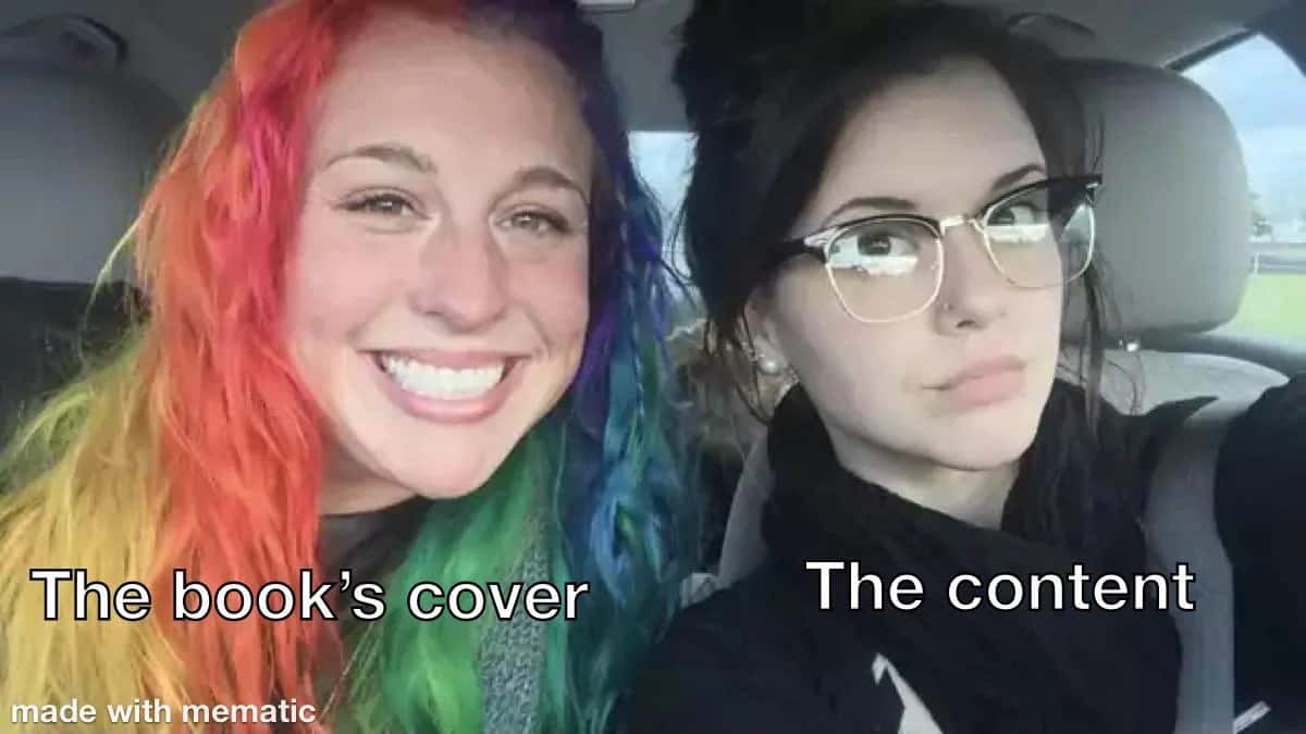 Car selfie meme about flashy cover vs boring content