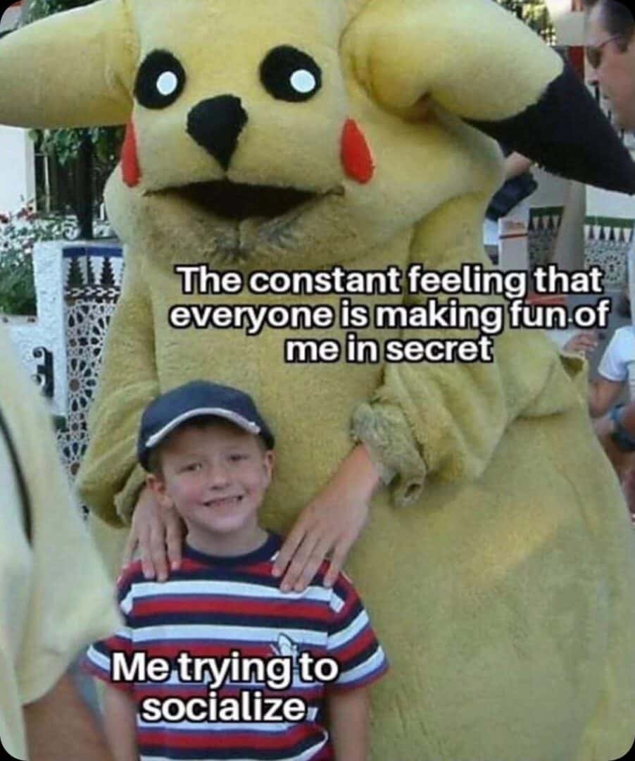 Creepy pikachu mascot meme about socializing with paranoia