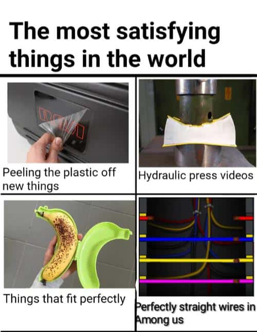 Most satisfying things meme listing relatable satisfying activities including perfectly straight Among Us wires