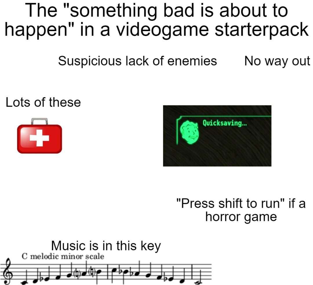 Videogame bad omen starterpack meme noticing no enemies no exit before danger
