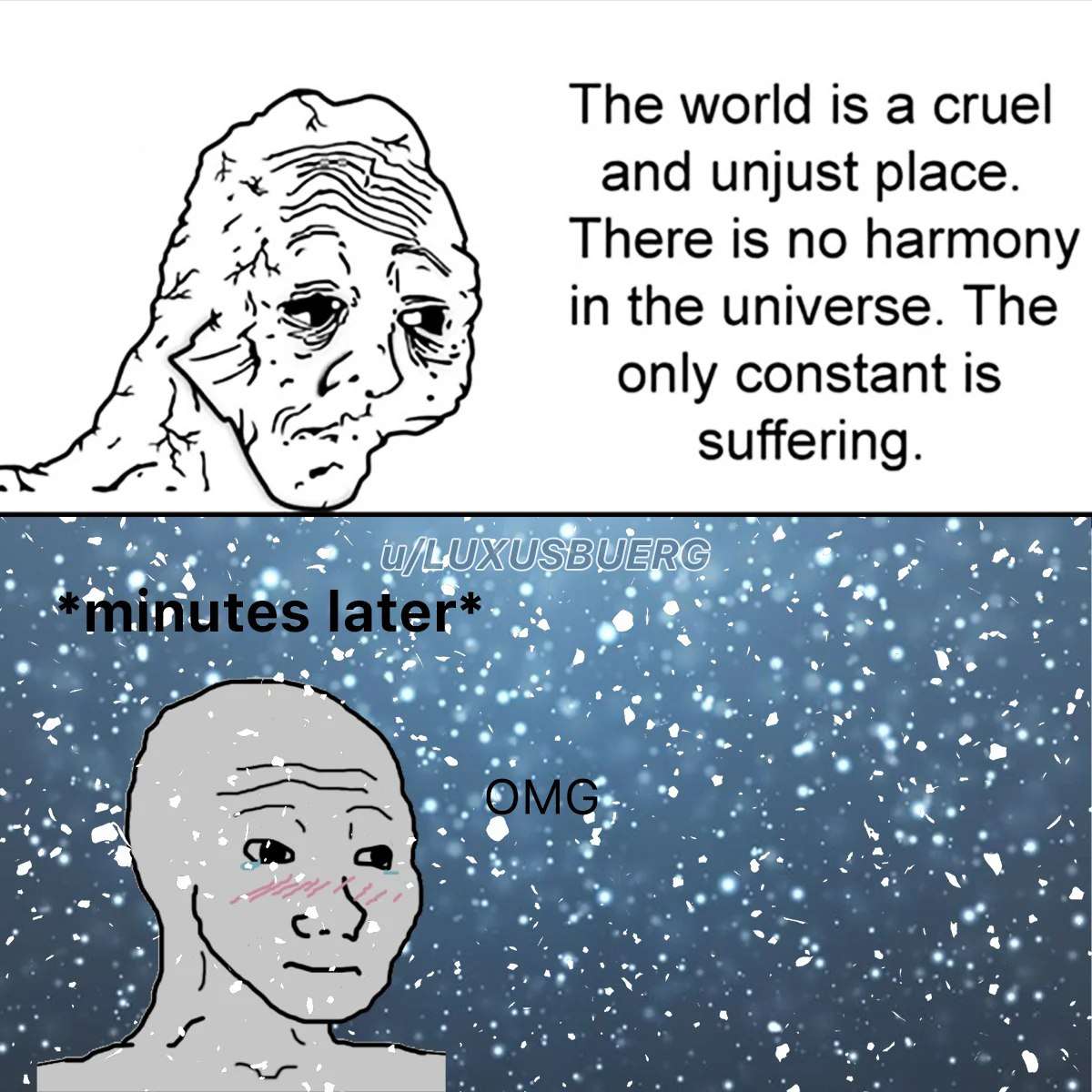 Wojak meme complaining world is cruel then gets touched by beautiful snow