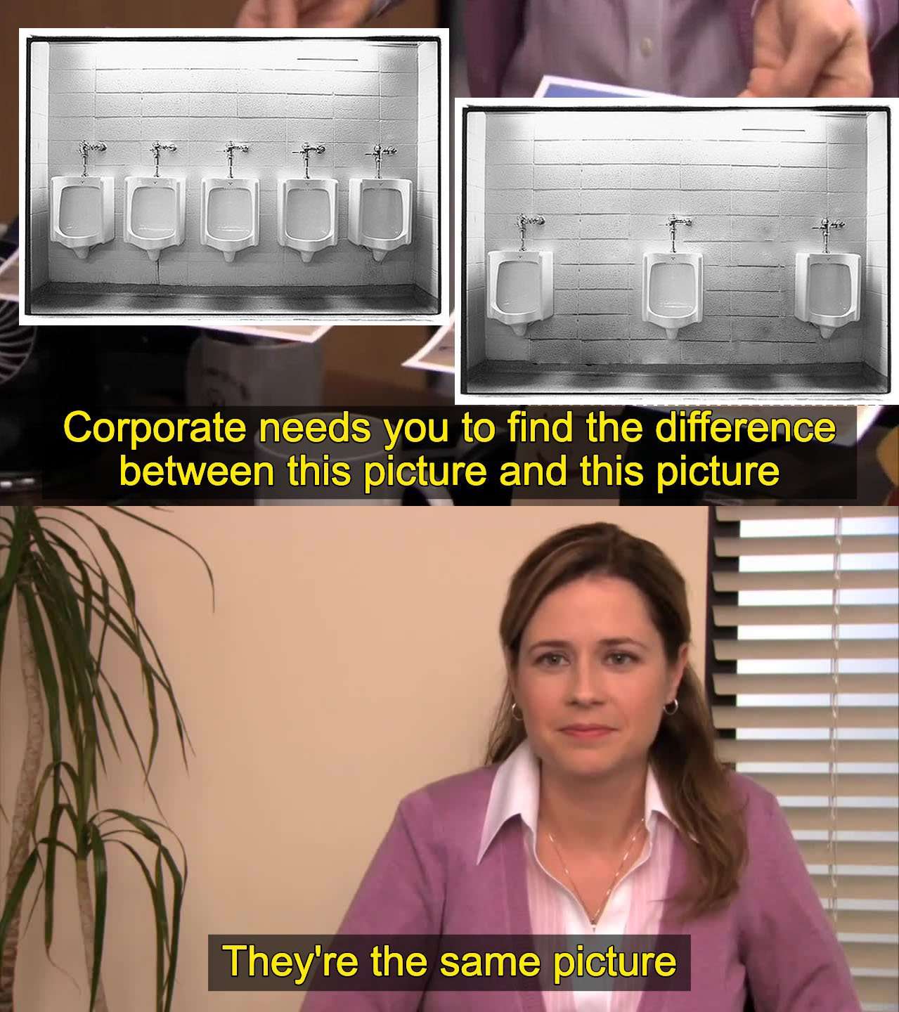 They're the same picture meme urinal spacing bathroom joke