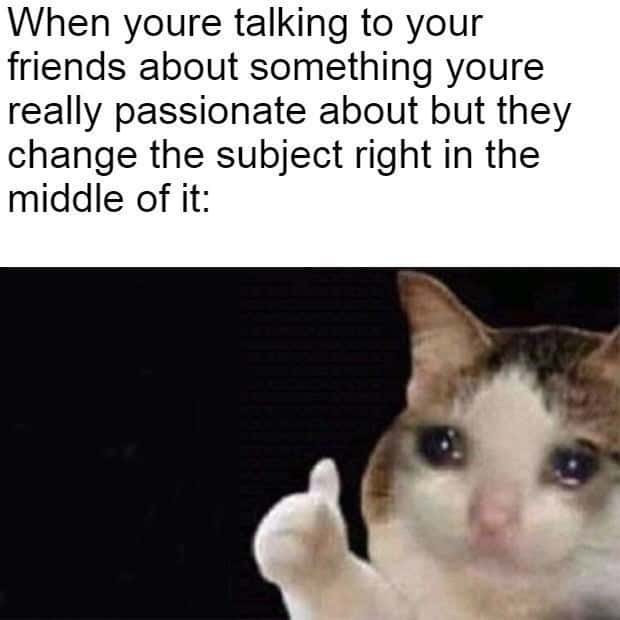 Thumbs up crying cat meme friends changing the subject mid passion talk