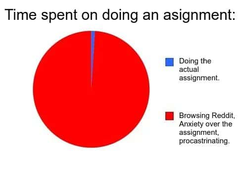 Student assignment meme showing time spent on procrastination vs work